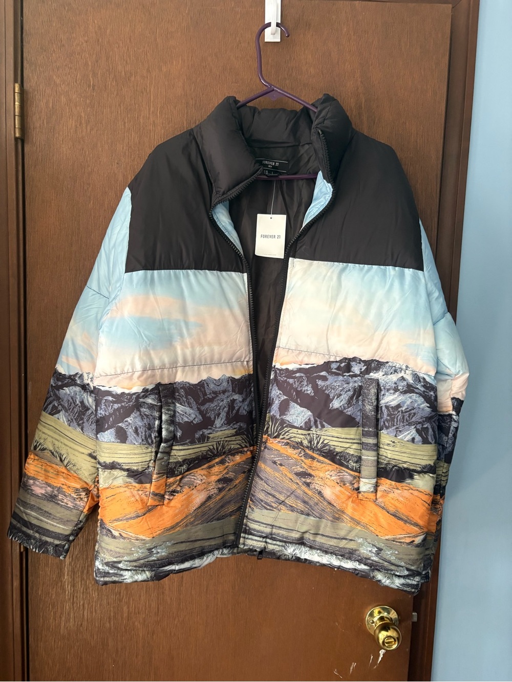 Forever 21 Men's Scenic Print Puffer Jacket - Black, Light Blue & Orange